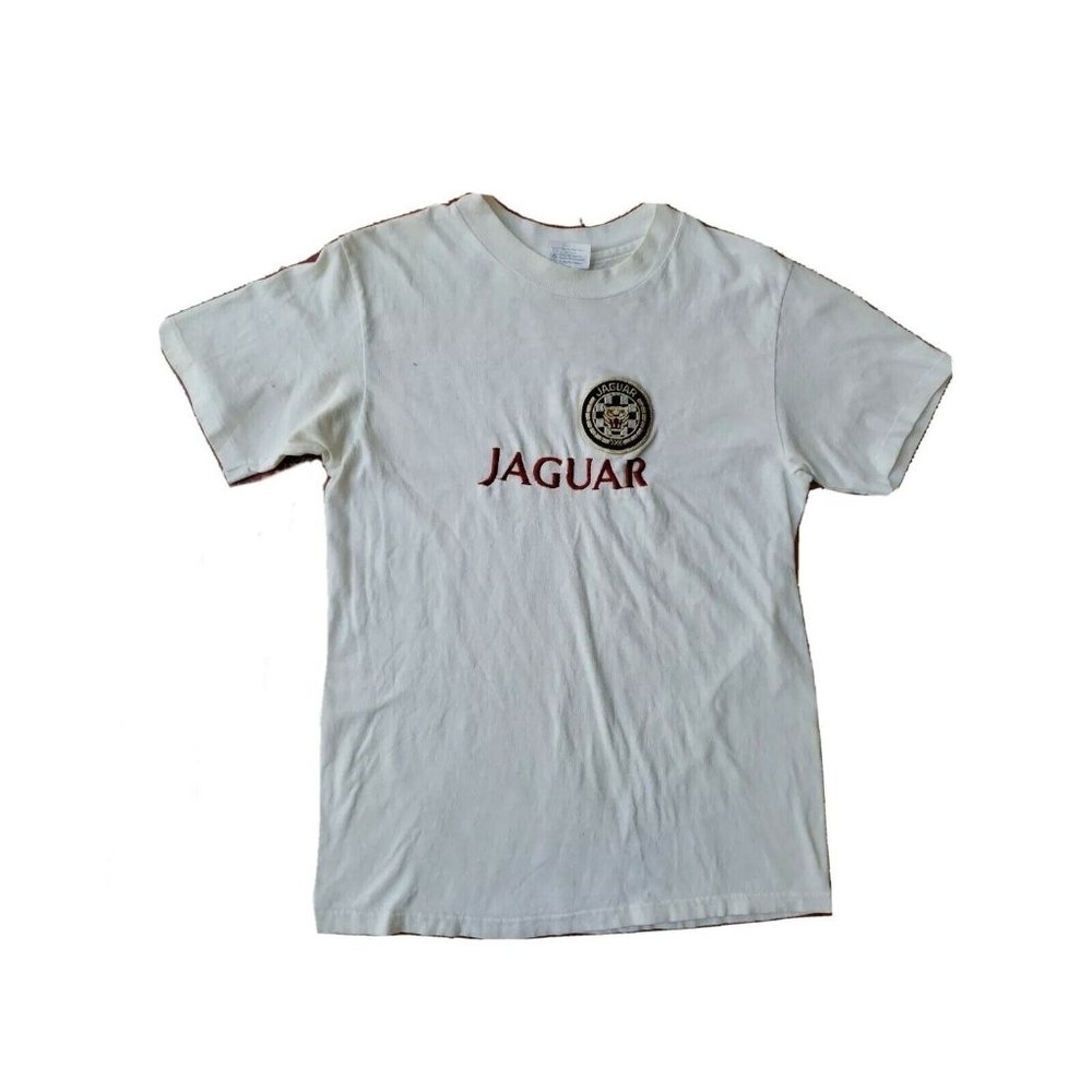 Vintage 90's Jaguar Embroidered Patch White Hanes Single Stitch Shirt Medium USA